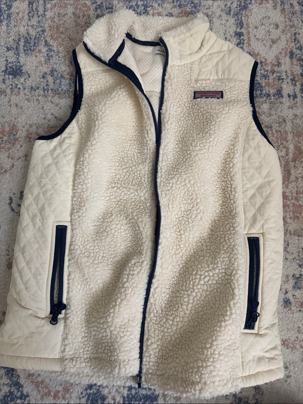 Vineyard Vines Cream Sherpa Vest with Navy Trim